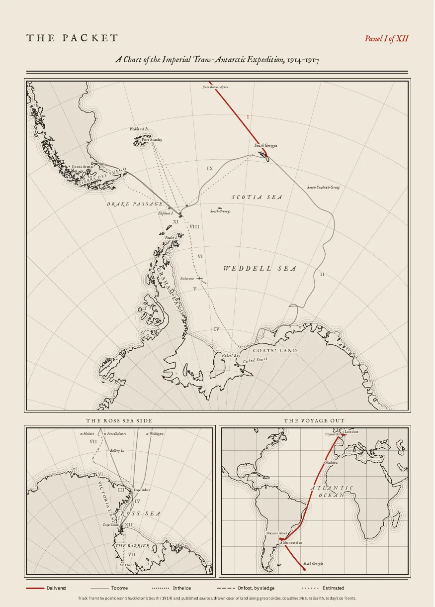Chart panel I of XII: a map of the Scotia and Weddell Seas with the route to South Georgia in red and the rest of the expedition in grey, with insets for the Ross Sea side and the voyage out from London.