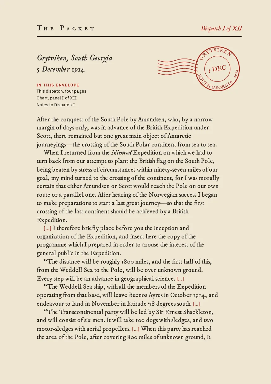 Page one of Dispatch I, headed Grytviken, South Georgia, 5 December 1914, with a red postmark and the opening of Shackleton’s preface set as a letter.